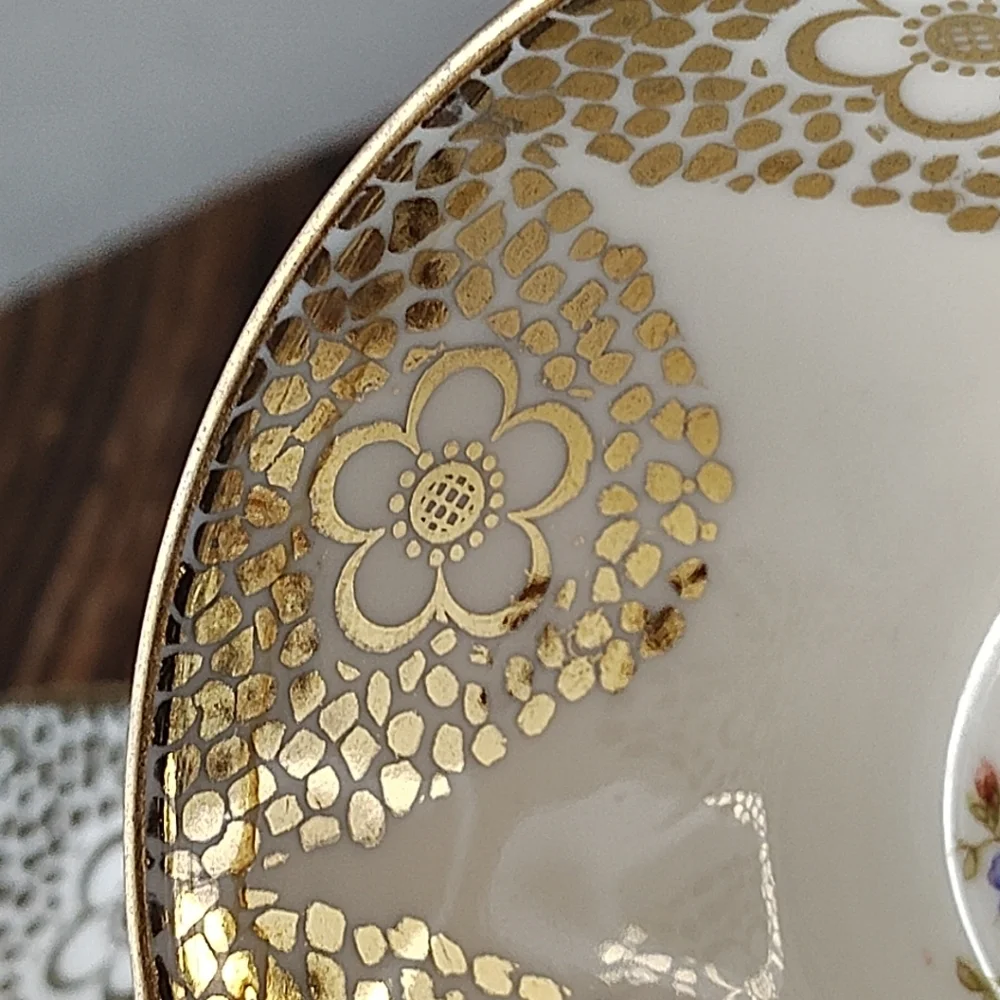 Winterling Bavaria Germany Floral Cup & Saucer Small Gold Flowers Spots Vintage